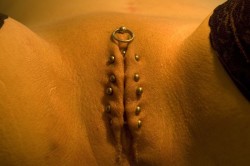 pussymodsgaloreShe has a VCH piercing with a barbell incorporating a pendant ring, also ten outer labia piercings with five barbells used to close them. Chastity piercing.