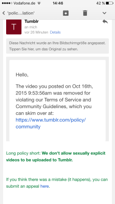 stossgebete:  Well, that’s like a witch-hunt or a crusade.   Dear tumblr-team… Before. you start to delete and remove those sexual explicit sites and those videos maybe you should “take care” of thousands of tumblr sites with suicidal content!