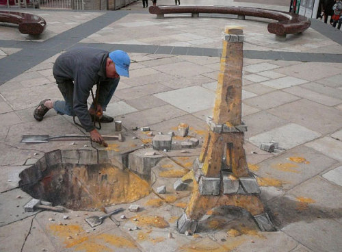 3D Pavement Art By Different Artists Sources: http://www.demilked.com/3d-sidewalk-chalk-art/ http://joehill-art.com/index.htm  Image one: http://www.metanamorph.com/index.php?site=project&cat_dir=The-Caves&proj=Mysterious-Caves-in-Europe Image