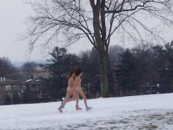 streakers:  2 girls streaking in the snow 