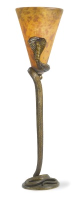 ananashomme:   EDGAR BRANDT AND DAUM “LA TENTATION” ART DECO TABLE LAMP / gilt bronze and cameo glass / c. 1925        (via TumbleOn)  