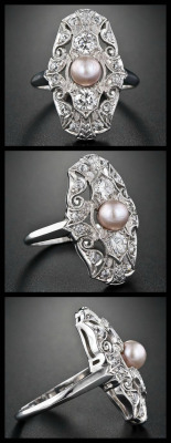 Diamondsinthelibrary:  Edwardian Natural Pearl And Diamond Dinner Ring At Lang Antiques.