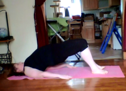 becominginomniaparatus:  day 6: three legged wheel so i am not able to get into wheel pose at all, so i planned on just doing bridge pose,but then it occurred to me that maybe i would be able to get into it with assistance. so i asked my sister to help