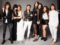no:  no:  bandtshirt:  dailyactress:  The cast of The L Word reunite for EW  oh my god YES  caucasian wig levitating  Whos the one in the middle in the first pic and wheres the boring ass thot that had the baby…