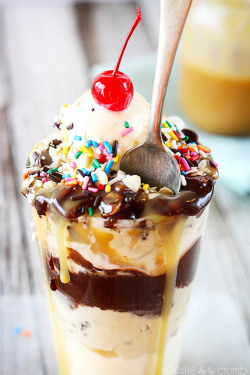 do-not-touch-my-food:  Chocolate Chip Cookie Dough Hot Fudge Sundae  so naughty