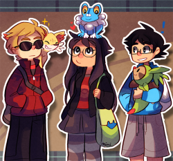 mimiblargh:   rayzofmusic asked: ohhh ohhhhh did you see the new starters can you draw whichever homestuck character you like with each starters because that would be very adorable  I need to stop doing so many crossovers!!!  