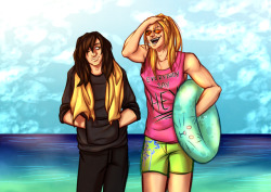 ayu-draws:Just imagine: Beach Episode where, despite Mic’s pleading, Aizawa refuses to wear a swimsuit, but does decide to leave his scarf at home and wear old man sandals insteadAlso fitting for Day 4 of @bnhararepairweek - Adventuring 