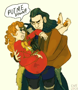ewelock:   &gt; thehylianemblemtshirtclub answered:  More fem!Thorin/fem!Bilbo doing anything IDC    I guess my story for this one fem!Thorin catches fem!Bilbo who isn’t quite so chuffed on the idea of being in this ruffian-woman’s arms. Sort of inspired
