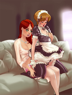 jackysis:  Sissy maid jacky sitting on mistress strapon lap 
