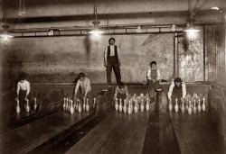 indypendent-thinking:  April 1910. “1 a.m. Pin boys working in Subway Bowling Alleys, 65 South Street, Brooklyn, N.Y., every night. Three smaller boys were kept out of the photo by Boss.” Photograph and caption by Lewis Wickes Hine.