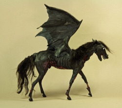 quequinoxart:  &ldquo;Asakku&rdquo; the demon horse/ thestral, made from polymer clay over wire and foil, painted in acrylic, with mohair mane and tail. He is about 4 inches long from chest to bum and 6 inches tall. I made him back in September/ October,