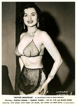 Dorian Dennis appears in a dazzling publicity photo from Irving Klaw’s 1956 Burlesque film: &ldquo;BUXOM BEAUTEASE&rdquo;.. More photos of Dorian can be found here..