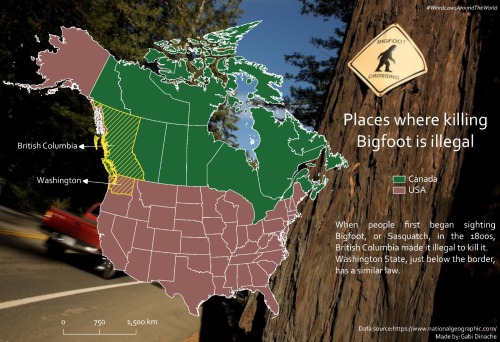 mapsontheweb:  Places where killing Bigfoot is illegal.