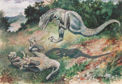 majingojira:  Leaping Laelaps by Charles R. Knight Inspired by this post.  This painting was done before the dinosaur-bird connection was irrefutable.  In fact, it was done before Dinosaurs were confirmed to be basically “Warm Blooded&quot;.  Charles