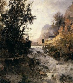 athousandwinds:   Mountain Torrent after the Storm, 1891, oil on canvas by Robert Russ, Austrian, 1847-1922. Residenzgalerie, Salzburg, Austria.   The strength of the storm can be seen in the washed out bridge and its capriciousness is seen in the leaving