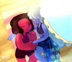 e-jheman:  Art trade with @jen-iii who asked for “ some rly cute ruby and sapphire cuddling yes” .I hope this is fair? i dont know! im not a fan of it but i tried.   AHH I LOVE IT!!!
