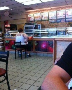thefrogman:  I’ve been seeing a lot of pictures like this lately. Overweight people sitting down in restaurants or perhaps someone out and about on a mobility scooter. I find it very frustrating. First, taking a picture of someone without their consent