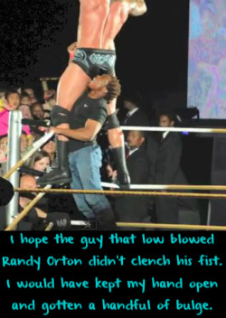 wrestlingssexconfessions:  I hope the guy that low blowed Randy Orton didn’t clench his fist. I would have kept my hand open and gotten a handful of bulge.  I would have done the same thing&hellip;but I would have given him a better &ldquo;low blow&rdquo;