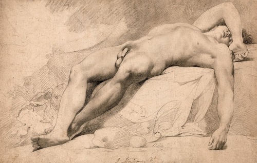 hadrian6:  Academic Study - Reclining Male Nude. 1773. John Hamilton Mortimer British 1740-1779. pencil and chalk on paper.     http://hadrian6.tumblr.com