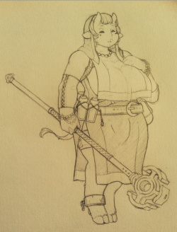 red-winged-angel:  I doodled up the cow-minotaur healer for my potential pathfinder character :D  The idea for her backstory is that she’s an escapee from a lord who had intended for her to guard a labyrinth from infiltrators. She came across the ruins