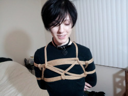leavethethornson:  Daddy insisted on pictures where the tiny boy booty (aka peaches) was emphasized and this is the result. Sorry for my dumb rope-space face. Hog-ties are so much fun, though. :3 I can’t wait to do it again. Perfect position for naughtine