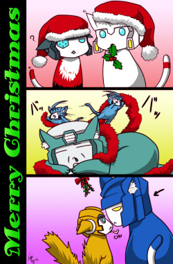 Kittyformer Christmas! I was having so much fun drawing Kittyformers lately, that this came up. Drift/Percy, Kup/Blurr, and FortMax/Rung.  Edit: just realized now how much Fort Max looks like Skids orz