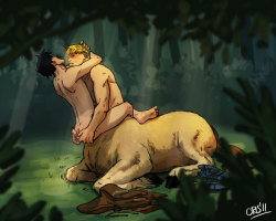 nakedloupgarou:   “Two drawings of Billy Kaplan and centaur Teddy Altman having sex; Teddy  is kneeling down in a glade, and Teddy and Billy are holding each other  in the top picture; in the second picture, Billy has fallen backwards,  and Teddy is
