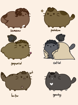 hunting-walkers:  puppies—love—arts:  From left to right- Sam, Dean, Gabriel, Castiel, Lucifer, and Crowley. I used cat puns for all of them. ´･ω･`  