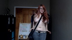 kayleepond:  We were getting ready to go run some errands and my good bra was downstairs, so I just got ready with pants, shoes, and socks as if nothing was wrong, intending to grab my bra and shirt when I got downstairs. Mr. Pond was looking at me and