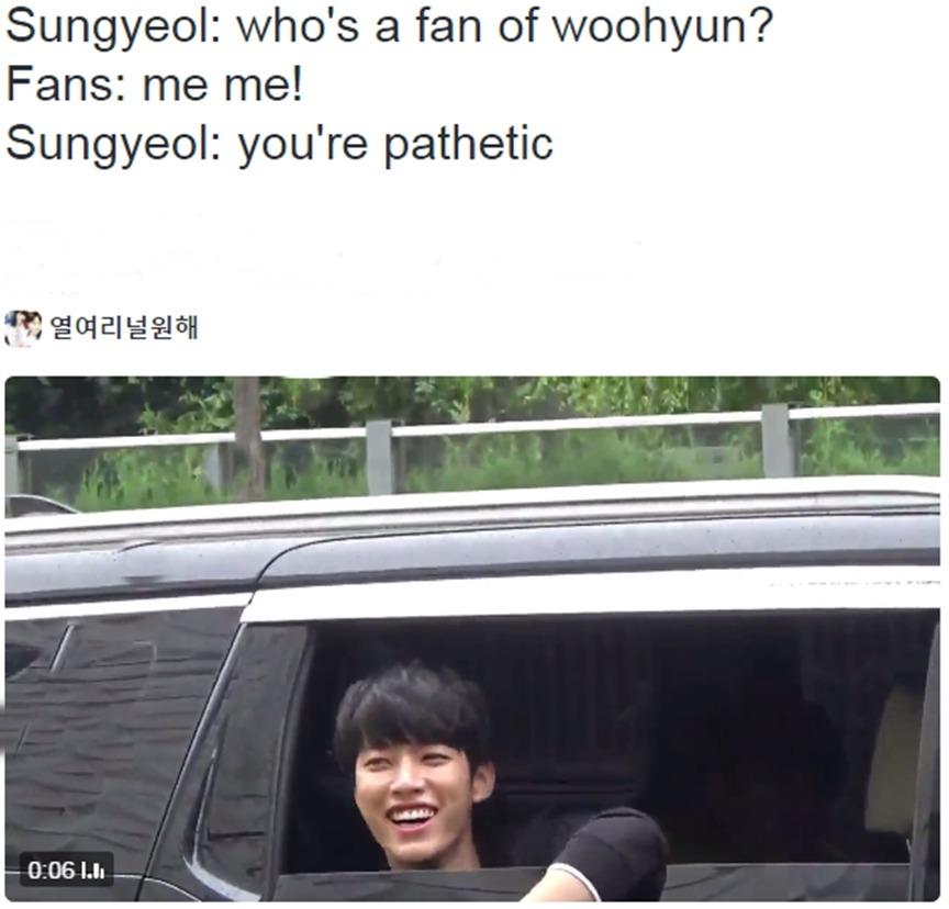 inspirithankyuye-turkish:     Woohyun: Who’s Sungyeol’s fans???  Fans: Me! me!