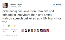 fondcalum:  jessicadrags:  Feminist Chelsea gets the privilege.  Its good that Emma gets the media’s attention but many other black women speak on the topic of feminism much more… Lupita, Laverne and Nicki are just a few. They however aren’t afforded