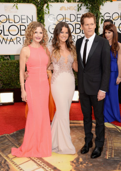 nerd-utopia:  Kyra Sedgwick, Miss Golden Globe Sosie Bacon, and Kevin Bacon at the 71st Annual Golden Globe Awards (Photo by Jason Merritt/Getty Images)