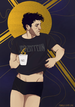 purgatory-jar:  Castiel, angel of grumpy morning coffee. Patron saint of bed head and wearing your boyfriend’s shirt and being a lil shit before the third mug. Commission for the lovely @elizabethrobertajones who agreed with me that Beefcake Cas is