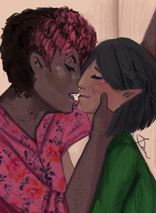 enby-hawke:My doodle for today. Really wanted to draw Hawke and Merrill’s first kiss.