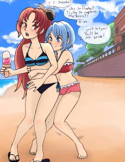 KyouSaya on the beach, doing beachy things Everyone in this show&hellip; literally all of them&hellip; are my otp Yayayaya Kyouko and Sayaka having playful banter, while Kyouko carefully watches to make sure her ice cream remains intact after Sayaka&rsquo