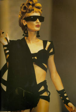  Jerry Hall in Thierry Mugler swimwear.  Lookin&rsquo; like she fell out of Blade Runner. (scans by eldestandonly)