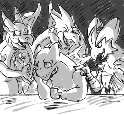 /vp/ request:“Requesting a depressed Typhlosion drinking scotch while Mega Blaziken and both mega charizards Laugh at him.”
