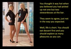 You thought it was hot when you believed you had picked up not one but two stewardesses at the bar.They seem to agree, just not in the way you expected.Well, life is short. You should eat dessert first and you should explore as many pleasures as you can.