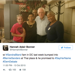 moisemorancy:  queeenvictory:  huffingtonpost:  Bernie Sanders Met Sandra Bland’s Mom And Didn’t Tell Anyone  And did he not #SayHerName in the debate???? How could you not vote for a man who keeps his word   VOTE FOR THIS FUCKING MAN!!!