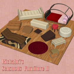 Richabri has a brand new furniture set available now! Lookin good! The  Sensuous Furniture II is a set of fifteen Poser ready props simulating  very intimate furniture models that can be used by solo characters but  were especially designed to be used