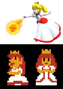 elcomfortador:  Thing that makes me happy and yet another reason for me to get excited about Super Mario 3D World: The color scheme for Fire Flower-powered Peach is clearly based off her original NES sprite. (Super Mario Bros. on the left, Lost Levels