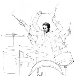 eatsleepdraw:  Sketch for a painting and a graphic for a restaurant and bar called Krupa Grocery opening this fall in Brooklyn. Still working on my Gene Krupa likeness. He’s combined with Shiva - also a nod to those Eadweard Muybridge photos and to