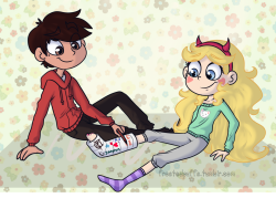 frostedpuffs:  Anonymous: “I love your Starco art! If you’re still taking requests, something cute where Star’s hurt her ankle on an adventure and has a cast and crutches, and Marco’s signing her cast?”   thank you anon!! i drew this weeks