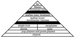 bootsprivate:  the BDSM/Leather Community Dominance Pryamid Sirs, Masters, Dominant Men Leather men and fetishests, Leather boys bootblacks and barmen single boys and neophytes, slaves and subs, pup players and ponie players, objects in that order and