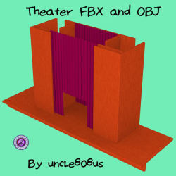  Theater Stage complete with two small rooms in the wings, 4 Curtains the  right and left curtains can be moved (opened closed) The Curtain across  the top can be raised or lowered.  This is compatible in poser and  Software that will import fbx or Wavefr