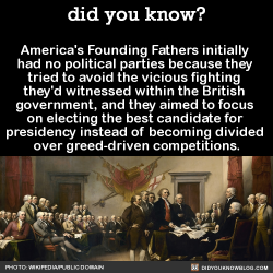 did-you-kno: America’s Founding Fathers initially  had no political parties because they  tried to avoid the vicious fighting  they’d witnessed within the British  government, and they aimed to focus  on electing the best candidate for  presidency