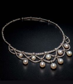 fawnvelveteen:    Pearl, and diamond necklace, European, c. 1880. Necklace with ten pearl drops each capped with small rose-cut diamonds. Two additional diamonds links. Necklace contains 289 old European and single-cut diamonds weighing approximately