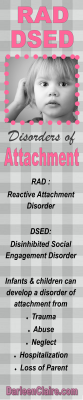 darleenclaire:  Disorders of Attachment … are serious developmental challenges that are relatively misunderstood. The Attachment Parenting wave may further confuse parents who do not know that a disorder of Attachment may be referred to as RAD or DSED.