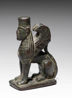 archaicwonder:  Greek Bronze Winged Sphinx, Archaic Period, circa mid-6th Century BC In Greek mythology the sphinx was sent by the gods to plague the town of Thebes as punishment for an ancient crime. She preyed on Theban youths, devouring all those who