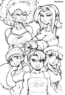 dan-heron: Put some ink to an old pic of the Donkey Kong Country ladies, human version. Kalypso, Candy, Tiny, Kass and Dixie I’ll probably draw them again later 